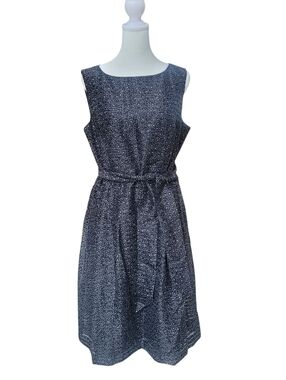 Anne Klein Sleeveless Floral Print Tie-Waist Midi Dress A-Line Blue White Sz 12